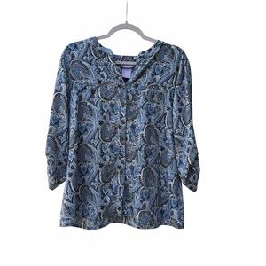 Laura Scott Blue Paisley Blouse Roll Button Sleeve Button Down Women Size XLP